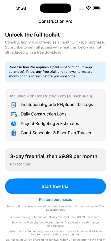 Construction To Do pro subscription